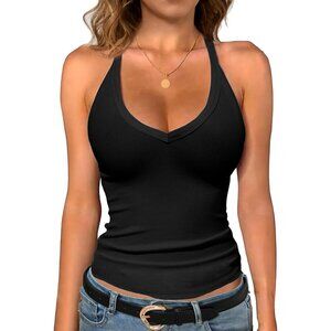 Women's V-Neck Racerback Ribbed Workout Tank Top with Built-in Shelf Bra